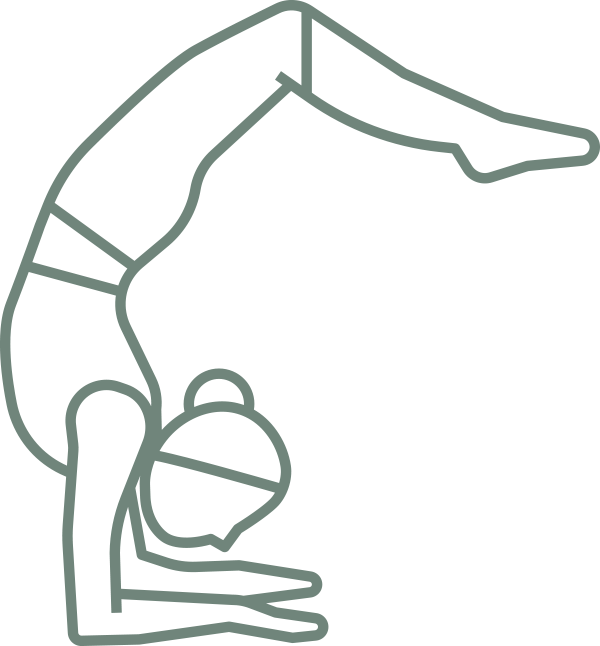 Illustration minimaliste en ligne (vert sauge) représentant une posture de yoga en équilibre sur les avant-bras (scorpion). Utilisée comme élément visuel/repère sur le site Namaste Yoga Limoilou.